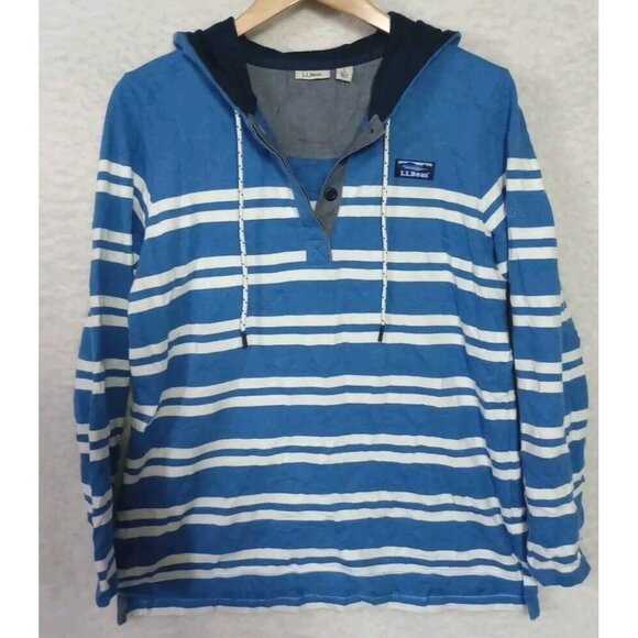 L.L. Bean Womens Hoodie Blue Striped Henley Pullover Sweatshirt Women's Size L - Picture 4 of 10
